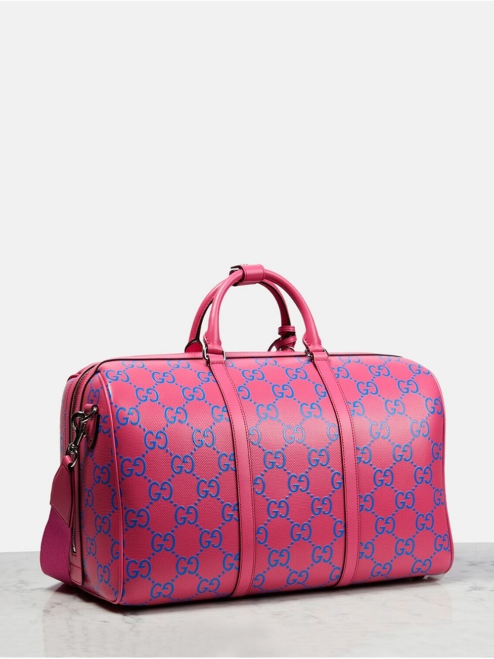 Gucci embossed Pink and Blue GG Supreme Weekender Duffel Bag